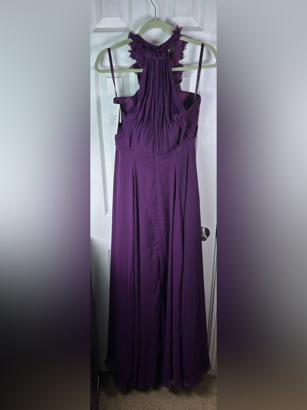 Morilee Elegant Purple Halter Maxi Dress with Floral Neckline - Picture 3 of 15